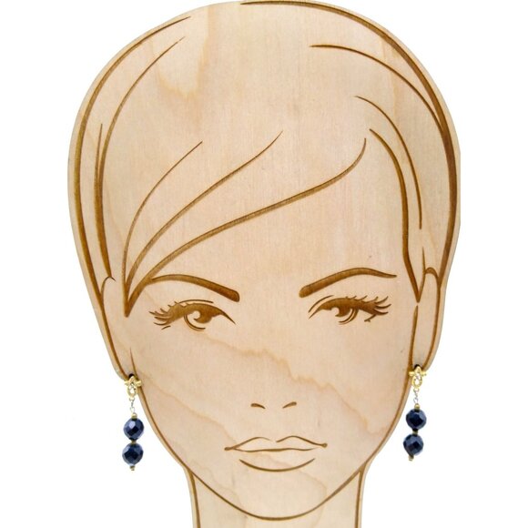 Vintage Black Crystal Dangle Earrings, Filigree Gold Tone Studs with Double Drop - Picture 3 of 3